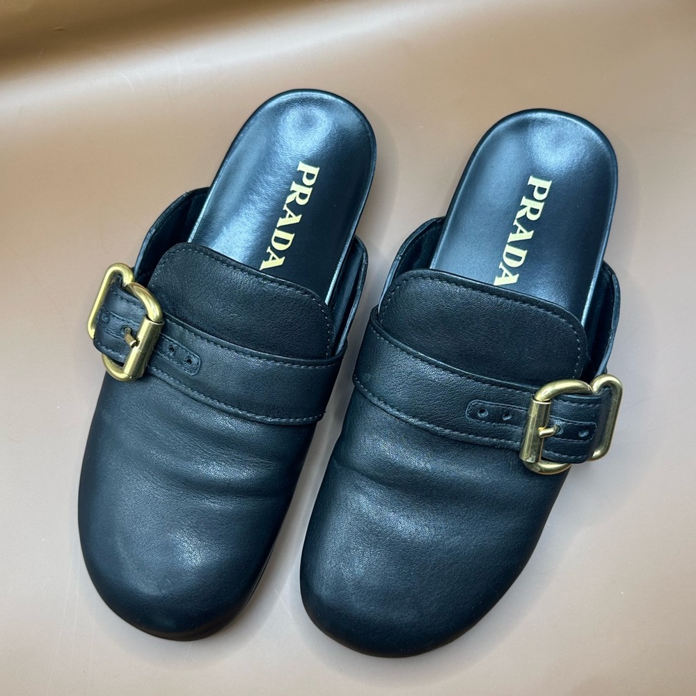 Prada Leather Slides in Black